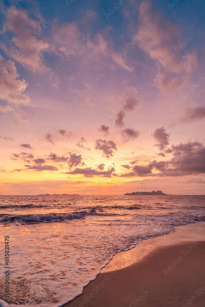 Tropical beach with smooth wave and sunset sky abstract background.