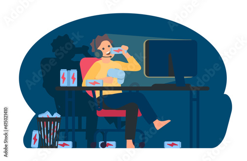 Guy plays video game at night. Man drinks lot of energy beverage. Computer gamer. Boy sitting at desk with joystick. Gaming addiction. Unhealthy lifestyle. Addicted player. Vector concept