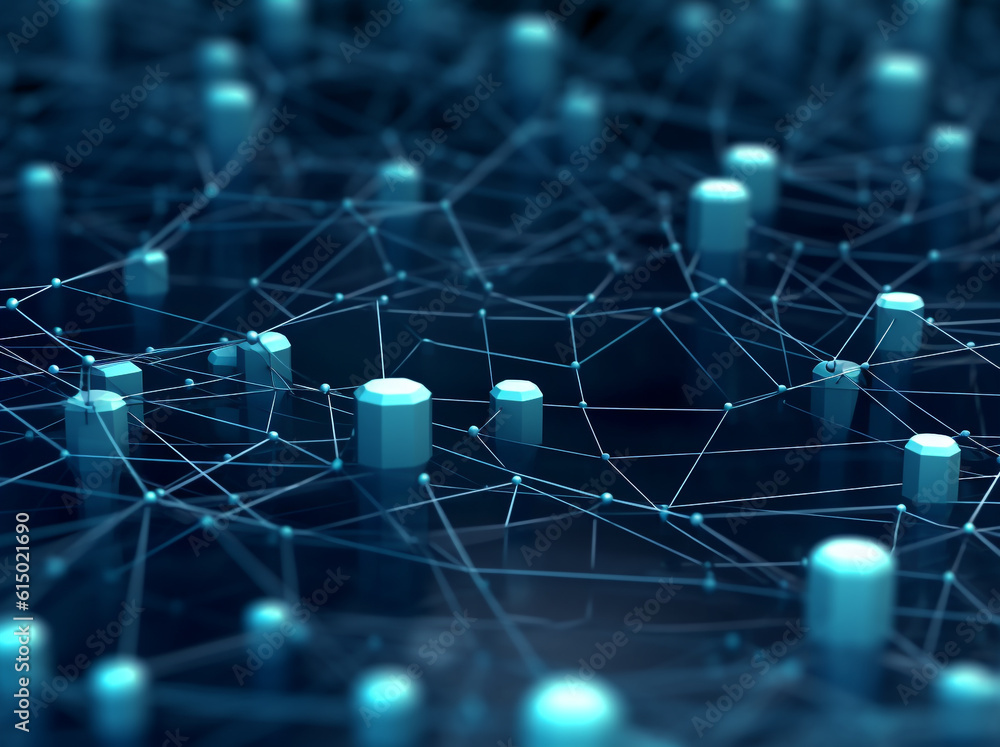 Obraz premium Blue abstract background with a network grid and particles connected for medical infographic or network technology info