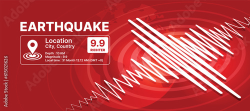Earthquake Concept - Earthquake infomation text, White line Frequency seismograph waves cracked and Circle Vibration and world texture on red background Vector illustration design