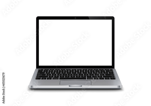 Realistic perspective front open laptop mockup with keyboard isolated on background incline 90 degree. Computer notebook with screen template. Blank mock on modern mobile computer with keypad backdrop