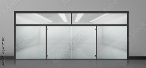 3d front glass window and door in store mockup. Realistic empty office or storefront showroom boutique building facade with light from lamp. Vitrine with reflection in supermarket illustration