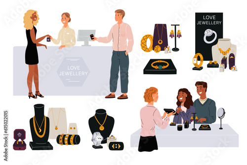 Happy people in jewelry store. Buyers choose gold and silver products. Wedding jewellery. Engagement rings. Sellers behind counters. Jewel necklace and wristwatch. Garish vector set