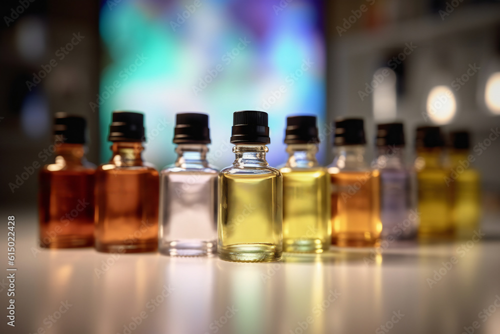 Bottles with essential oils. 3D illustration digital art design, generative AI