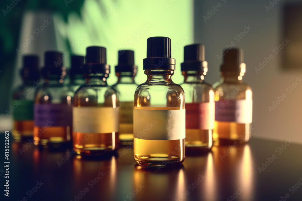 Glass bottles of different essential oils. 3D illustration digital art design, generative AI Glass bottles of different essential oils. 3D illustration digital art design, generative AI