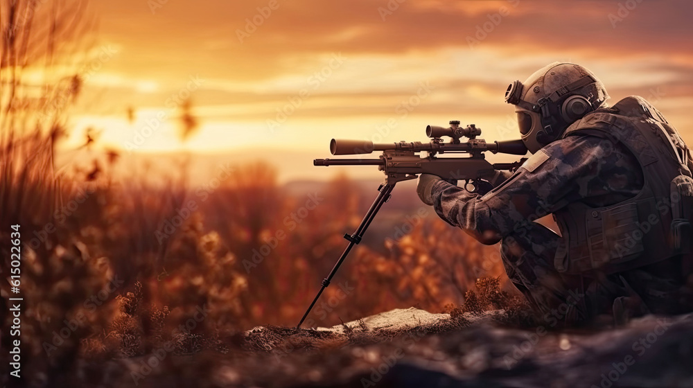 Photo of a soldier with sniper rifle from a rifle with an optical sight. On the Sunset. shooting and hunting concept, Photo of a soldier with sniper rifle from a rifle with an optical sight. On the Sunset. shooting and hunting concept,