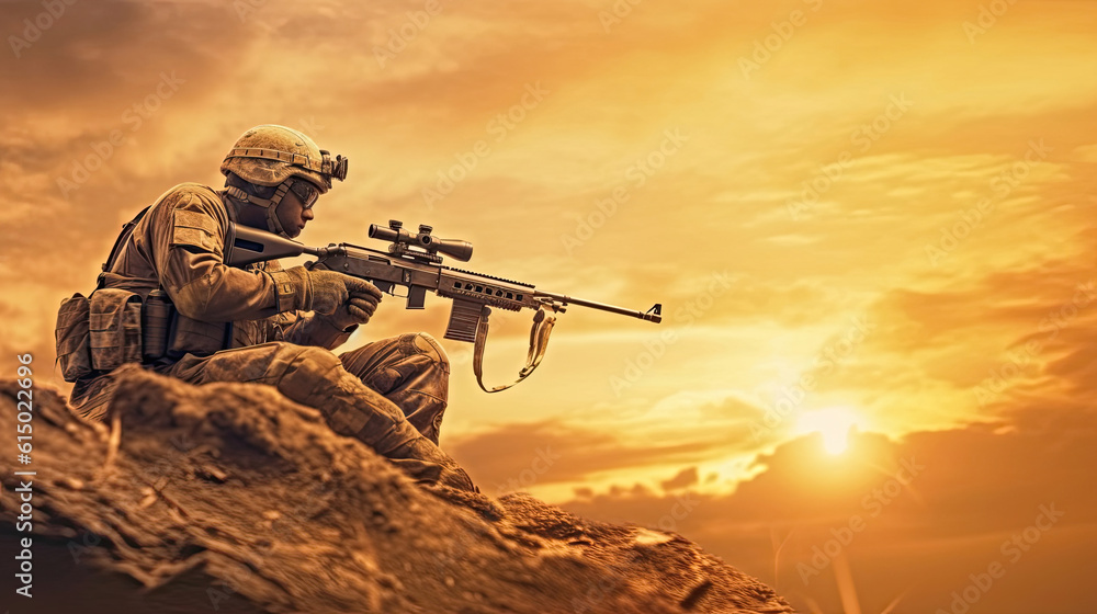 Photo of a soldier with sniper rifle from a rifle with an optical sight. On the Sunset. shooting and hunting concept, Photo of a soldier with sniper rifle from a rifle with an optical sight. On the Sunset. shooting and hunting concept,