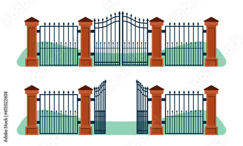 Iron fence with open and closed gates and stone posts. Wrought metal fencing. Forged ornament. Steel border construction. Yard entrance. Elegance architecture elements. Vector concept
