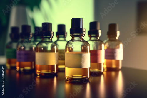 Glass bottles of different essential oils. 3D illustration digital art design, generative AI