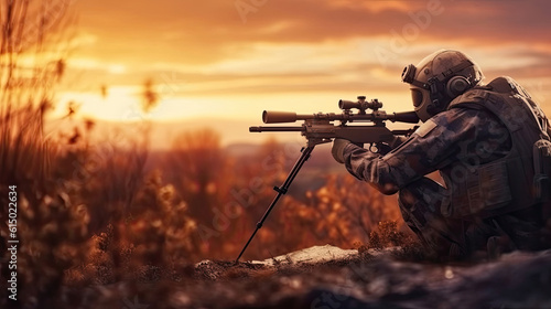 Photo of a soldier with sniper rifle from a rifle with an optical sight. On the Sunset. shooting and hunting concept,