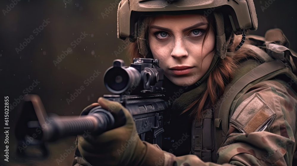 Photo of woman soldier holding a gun, sniper Photo of woman soldier holding a gun, sniper