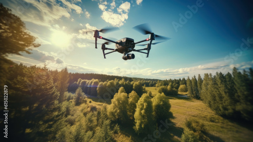 Drone s Eye View  Quadcopter Flying Amidst Towering Trees  Aerial Photography of Nature s Splendor