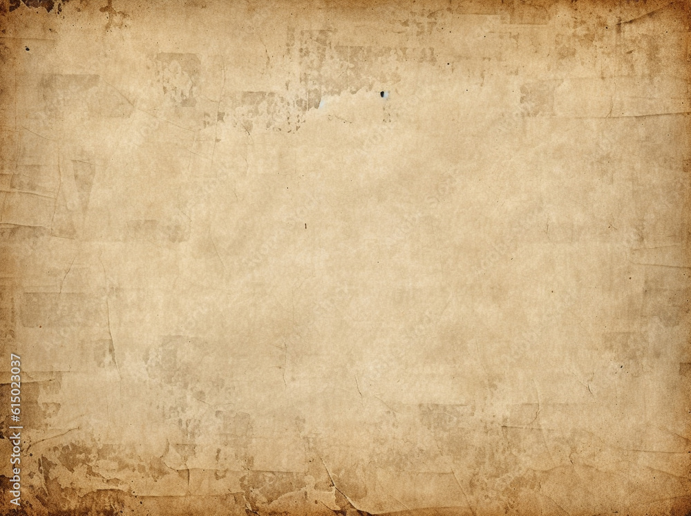 Old brown paper parchment background with distressed vintage stains and ink spatter and white faded shabby center, elegant antique beige color. generative ai