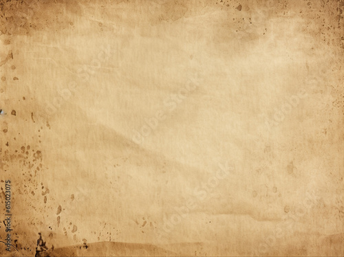 Old brown paper parchment background with distressed vintage stains and ink spatter and white faded shabby center, elegant antique beige color. generative ai