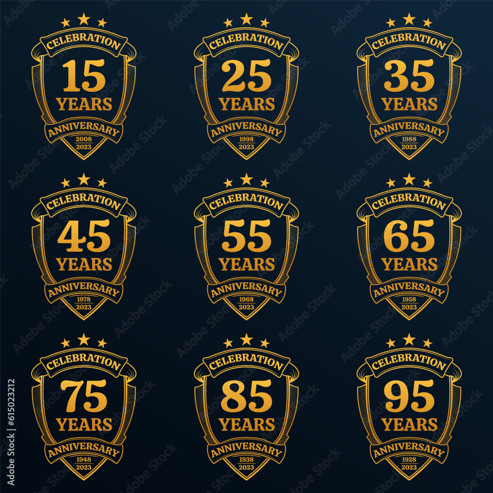 15, 25, 35, 45, 55, 65, 75, 85, 95 years anniversary icon or logo set. Yubilee celebration, company birthday golden badge or label. Vintage banners with shield and ribbon. Vector illustration.