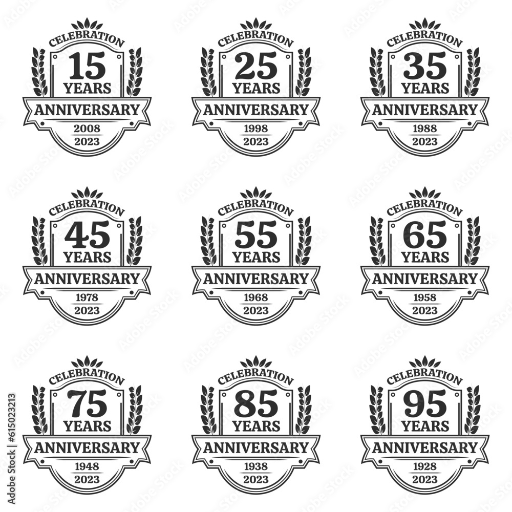 15, 25, 35, 45, 55, 65, 75, 85, 95 years anniversary icon or logo. Vintage birthday banner design with laurel wreath. 10th anniversary yubilee celebration badge or label collection. Vector illustratio