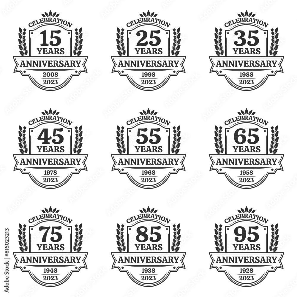 Obraz premium 15, 25, 35, 45, 55, 65, 75, 85, 95 years anniversary icon or logo. Vintage birthday banner design with laurel wreath. 10th anniversary yubilee celebration badge or label collection. Vector illustratio