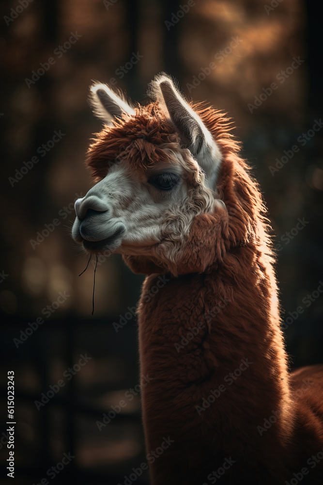 Portrait of Alpaca Dramatic and Cinematic Lighting Photography, Generative AI