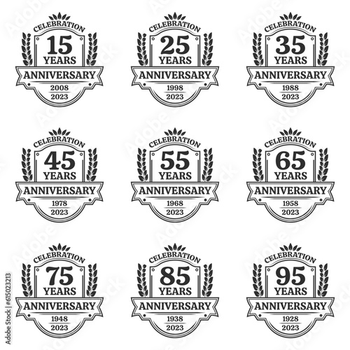 15, 25, 35, 45, 55, 65, 75, 85, 95 years anniversary icon or logo. Vintage birthday banner design with laurel wreath. 10th anniversary yubilee celebration badge or label collection. Vector illustratio