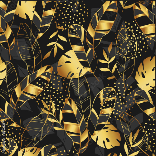 Tropical golden leaves seamless pattern. Black background.