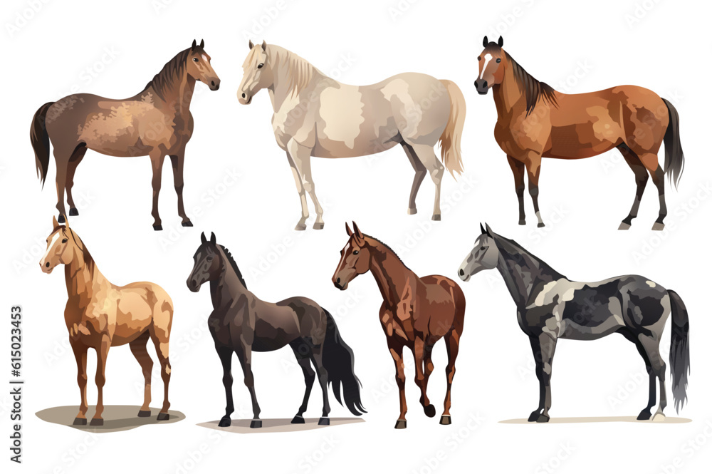 Fototapeta premium Set of horses. Whimsical cartoon illustration featuring a set of lively horses in a creatively designed and animated environment. Vector illustration.