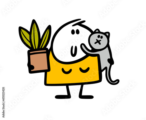 Fat woman hugs a cat and a pot with a plant. Cozy family vector illustration of a person, animal and flower.