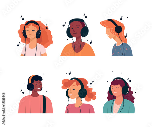People listen music with headphones. Cartoon happy young teenagers listening to music, persons using earphones isolated on white. Vector illustration