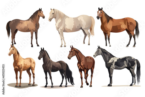 Set of horses. Whimsical cartoon illustration featuring a set of lively horses in a creatively designed and animated environment. Vector illustration.