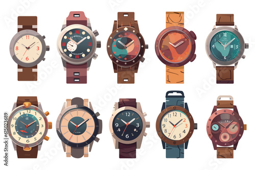Set of wristwatch. Whimsical cartoon illustration showcasing a set of stylish wristwatches in visually appealing white environment. Vector illustration.