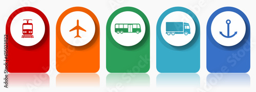 Transport icon set, flat design miscellaneous colorful icons such as train, plane, bus, truck and anchor for webdesign and mobile applications, infographic vector template in eps 10