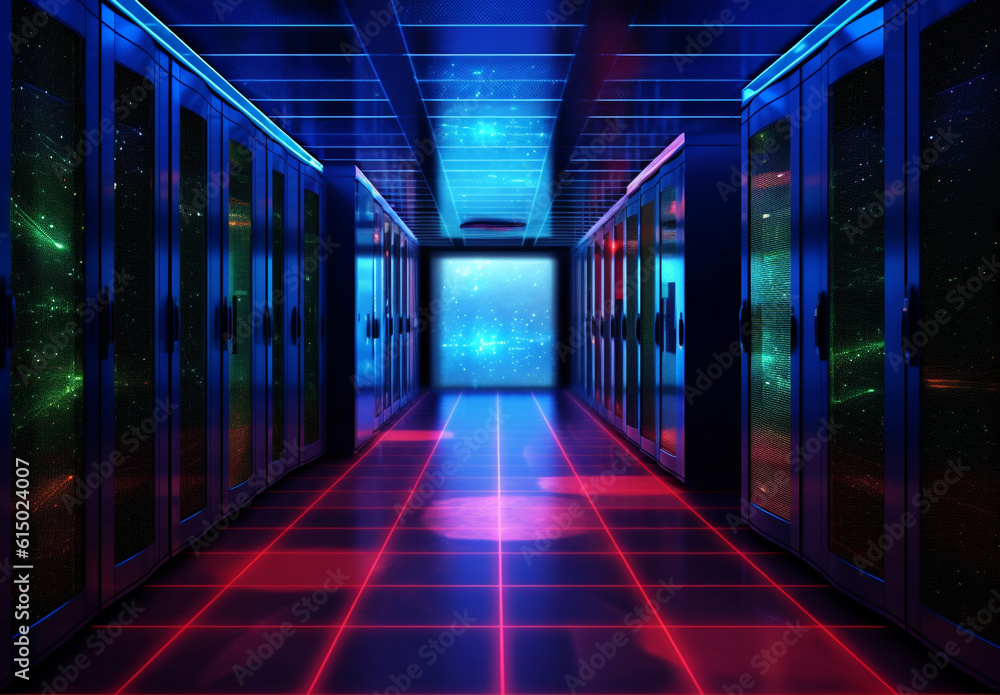 3D Server racks in computer network security server room data center illustration with futuristic light