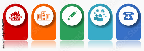 Health and medicine icon set, miscellaneous vector icons such as stay home, hospital, vaccine, people and emergency phone, modern design infographic template, web buttons in 5 color options
