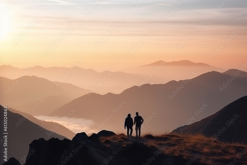 silhouette of the couple on a mountain top