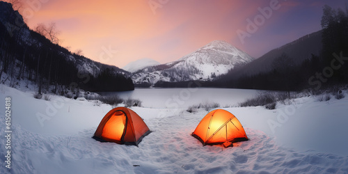 orange tourist tents on a snow in the evening against snow mountains