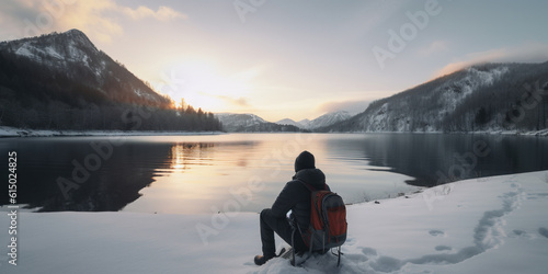 lonely tourist with backpack sitting near the Mountain Lake © tan4ikk