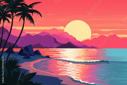 Landscape of a beautiful sunset on the beach. Warm, gorgeous sunset on a paradise beach. Calm ocean waves, palm trees and mountains. Paradise pleasure, rest, sea, beach. Vector.