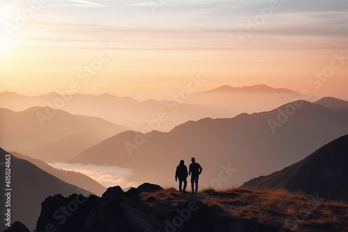 silhouette of the couple on a mountain top