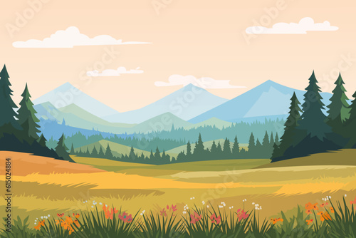 Beautiful landscape illustration, peaceful warm day, clouds over mountains, field with flowers and forest. The concept of travel.