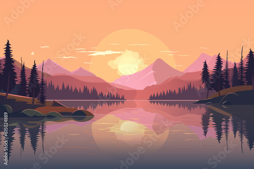 Beautiful vector landscape illustration. Warm sunset over mountains, lake and forest. Beautiful landscape of a mountain lake.