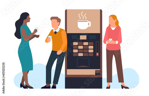 Office workers drinking coffee. Man and women talking near caffeine vending machine. Automatic espresso dispenser. Employees communication. People with beverage cups. Vector concept