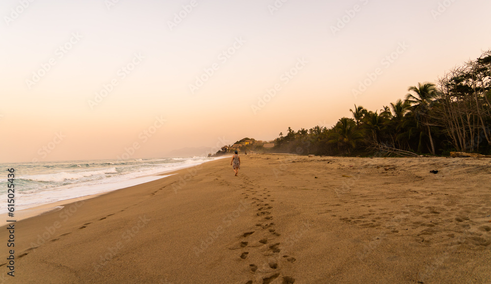 person walking on the beach in sunset with palm tree landscape in Park Tayrona Santa Marta Colombia