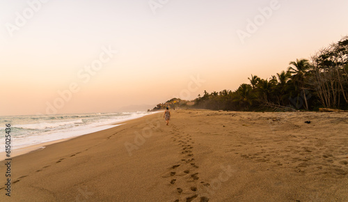 person walking on the beach in sunset with palm tree landscape in Park Tayrona Santa Marta Colombia