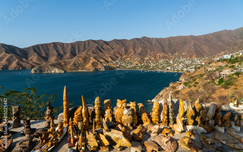 panoramic view of the bay of taganga with handicrafts from the caribbean of colombia in santa marta photo