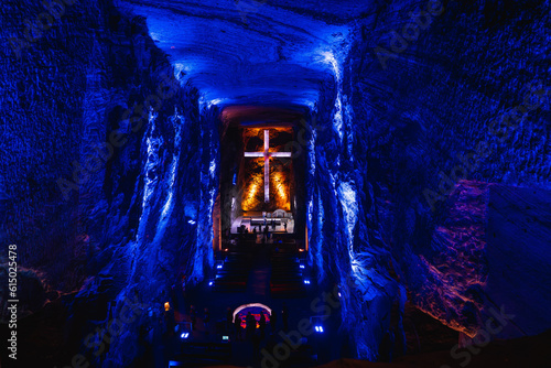 underground salt cathedral of zipaquira in colombia with chandelier and cross of light