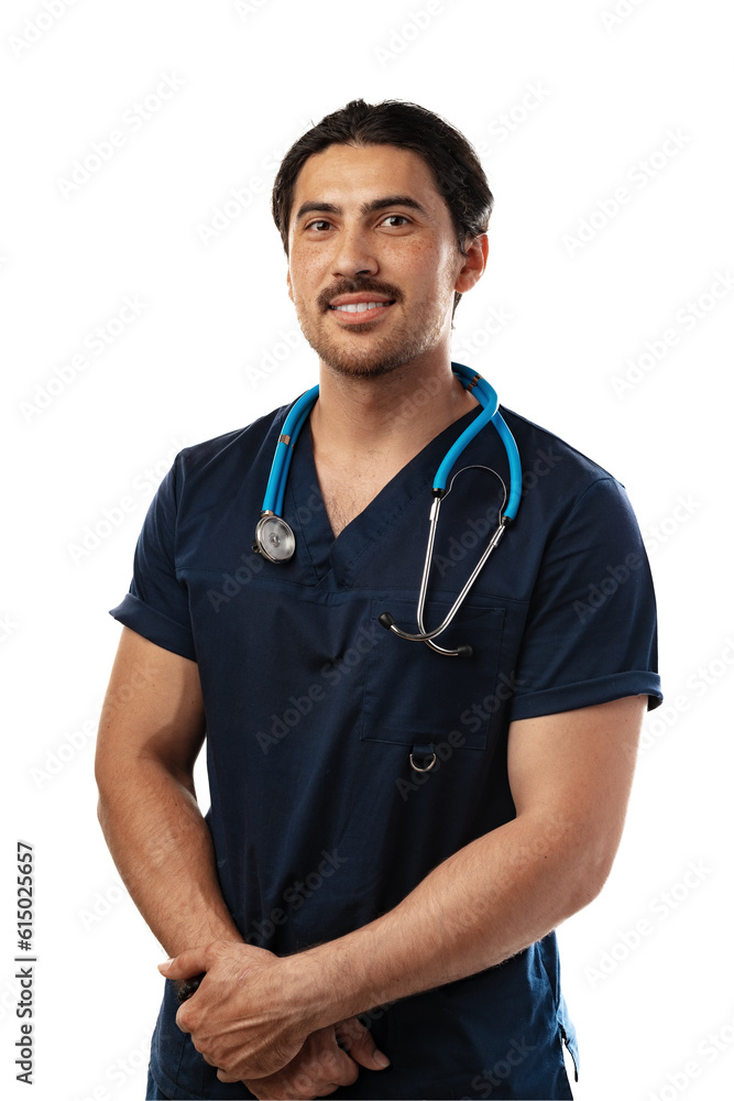 Smiling Asian doctor in uniform with stethoscope isolated on white background Smiling Asian doctor in uniform with stethoscope isolated on white background