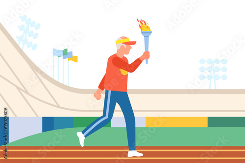 Old male runner carries torch with Olympic flame. Man running through stadium. Sport competitions. Champion holding burning fire. Athletic tournament. Opening ceremony. Vector concept