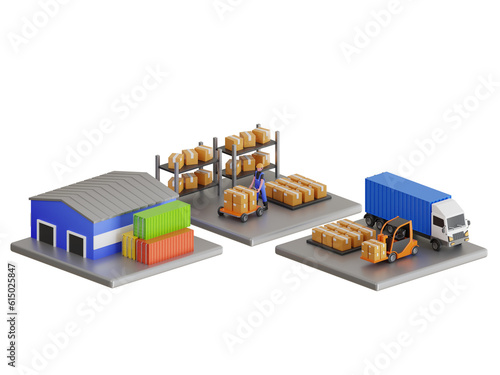3D Warehouse workers are arranging goods on the shelves. Warehouse and distribution center. Worker arranging boxes at warehouse. 3D Illustration
 photo