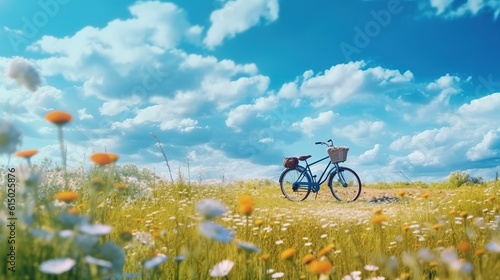 Bicycle in the meadow with daisies and blue sky, banner, summer bike concept, ai generative © mariof