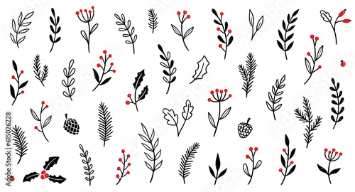 Christmas plant leaf, flower vintage set. Hand drawn doodle sketch holly floral, xmas tree leaves, winter branch elements. Holiday decoration, floral wreath sketch doodle. Vector illustration.