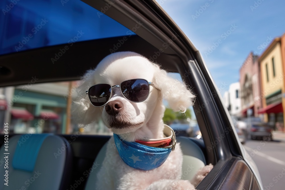 White poodle in sunglasses is a passenger in the car. Traveling with a dog friend. No people. Blue sky at background. Generative AI